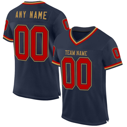 Custom Navy Red-Old Gold Mesh Authentic Throwback Football Jersey - Sky-Custom