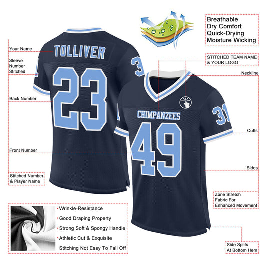 Custom Navy Light Blue-White Mesh Authentic Throwback Football Jersey - Sky-Custom