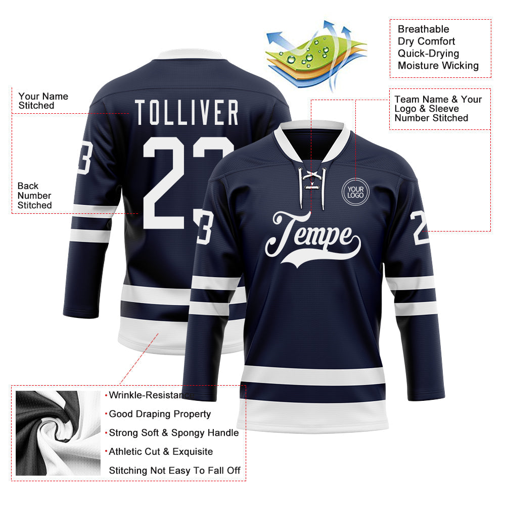 Custom Navy White Hockey Lace Neck Jersey - Sky-Custom