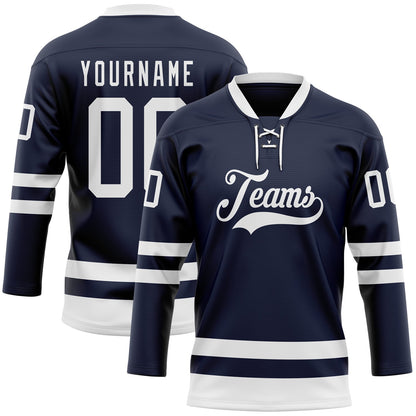 Custom Navy White Hockey Lace Neck Jersey - Sky-Custom