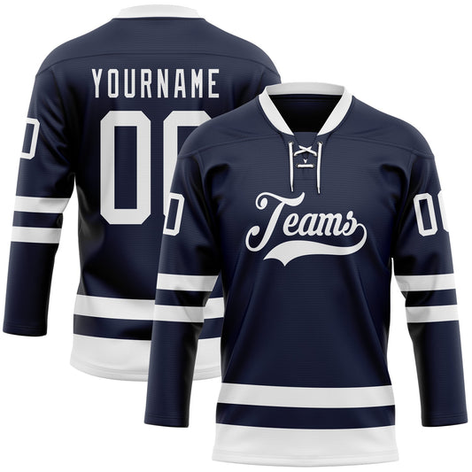 Custom Navy White Hockey Lace Neck Jersey - Sky-Custom