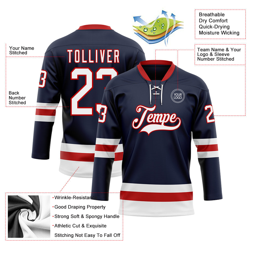 Custom Navy White-Red Hockey Lace Neck Jersey - Sky-Custom