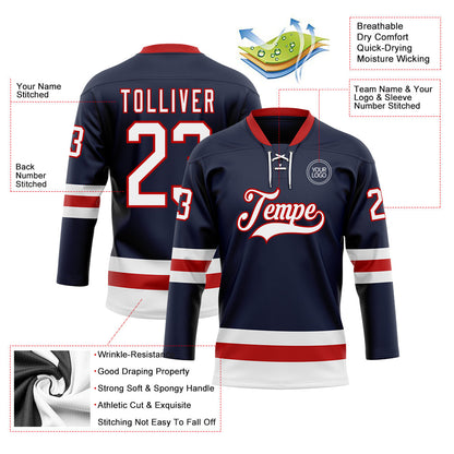 Custom Navy White-Red Hockey Lace Neck Jersey - Sky-Custom