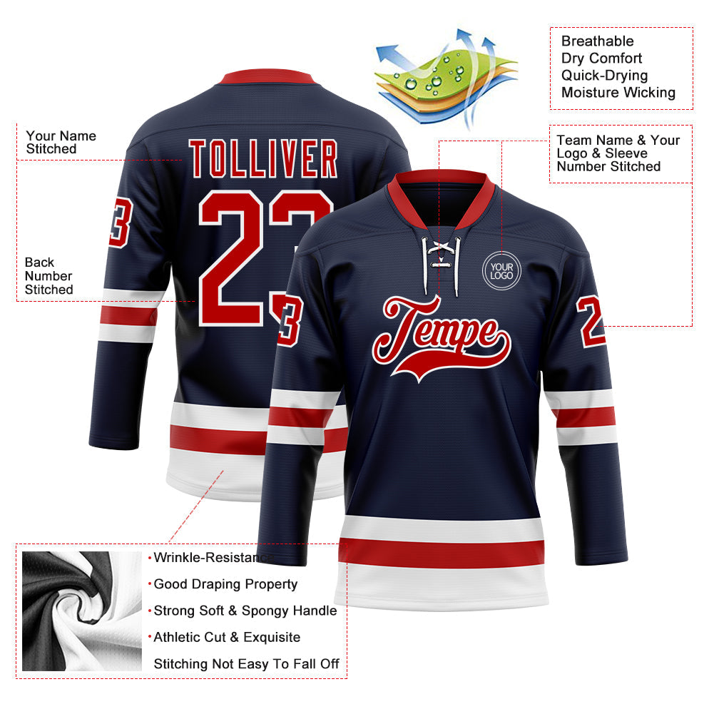 Custom Navy Red-White Hockey Lace Neck Jersey - Sky-Custom