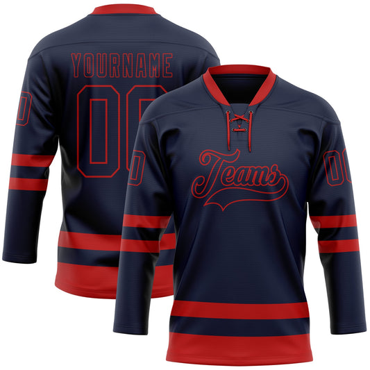 Custom Navy Red Hockey Lace Neck Jersey - Sky-Custom