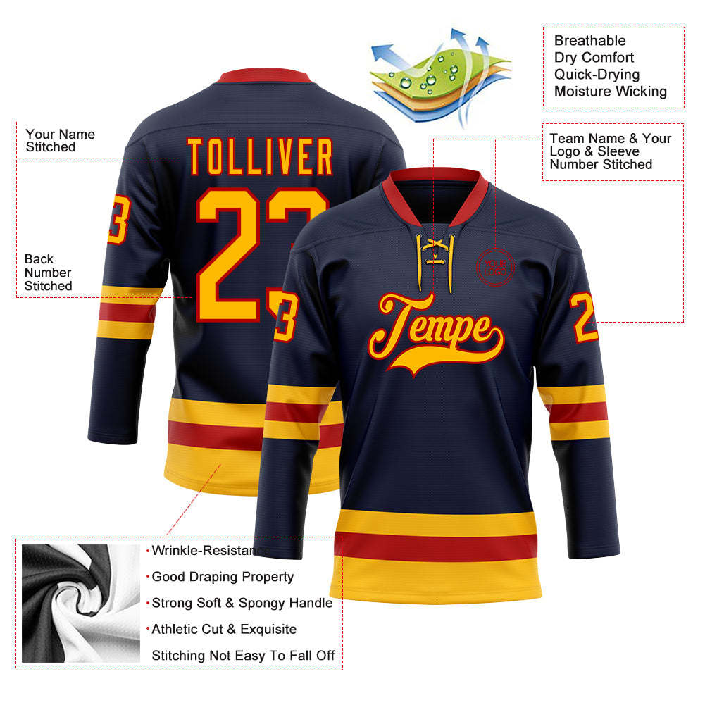 Custom Navy Gold-Red Hockey Lace Neck Jersey - Sky-Custom