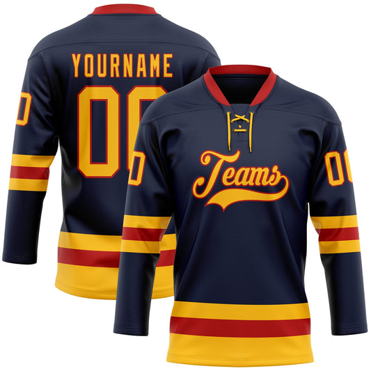 Custom Navy Gold-Red Hockey Lace Neck Jersey - Sky-Custom