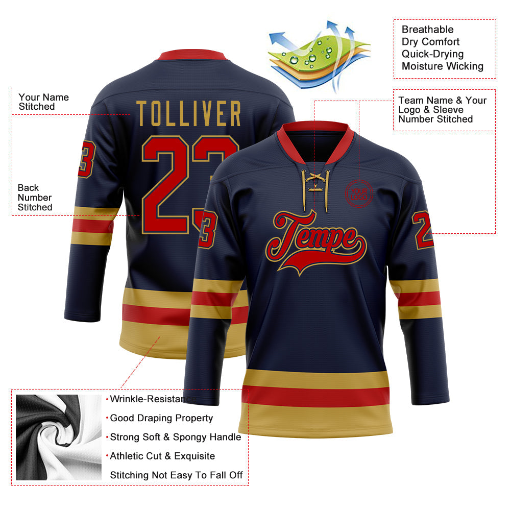Custom Navy Red-Old Gold Hockey Lace Neck Jersey - Sky-Custom