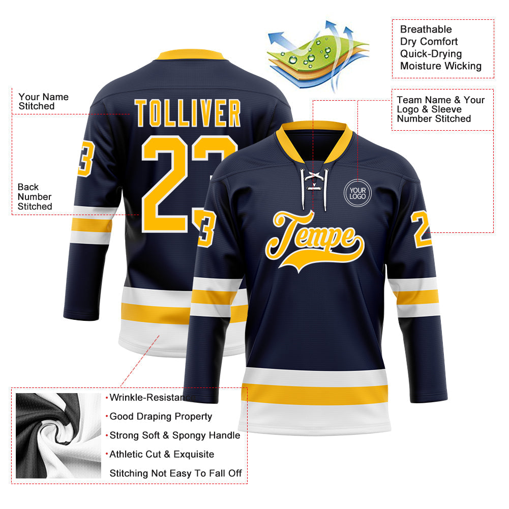 Custom Navy Gold-White Hockey Lace Neck Jersey - Sky-Custom