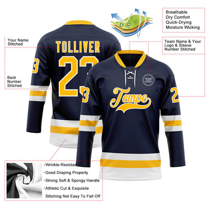 Custom Navy Gold-White Hockey Lace Neck Jersey - Sky-Custom