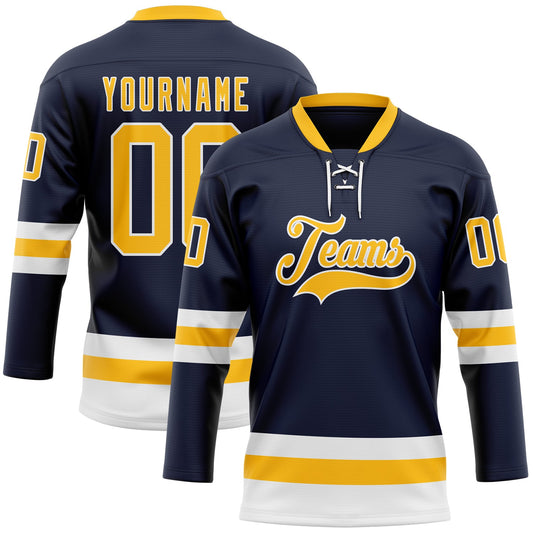 Custom Navy Gold-White Hockey Lace Neck Jersey - Sky-Custom