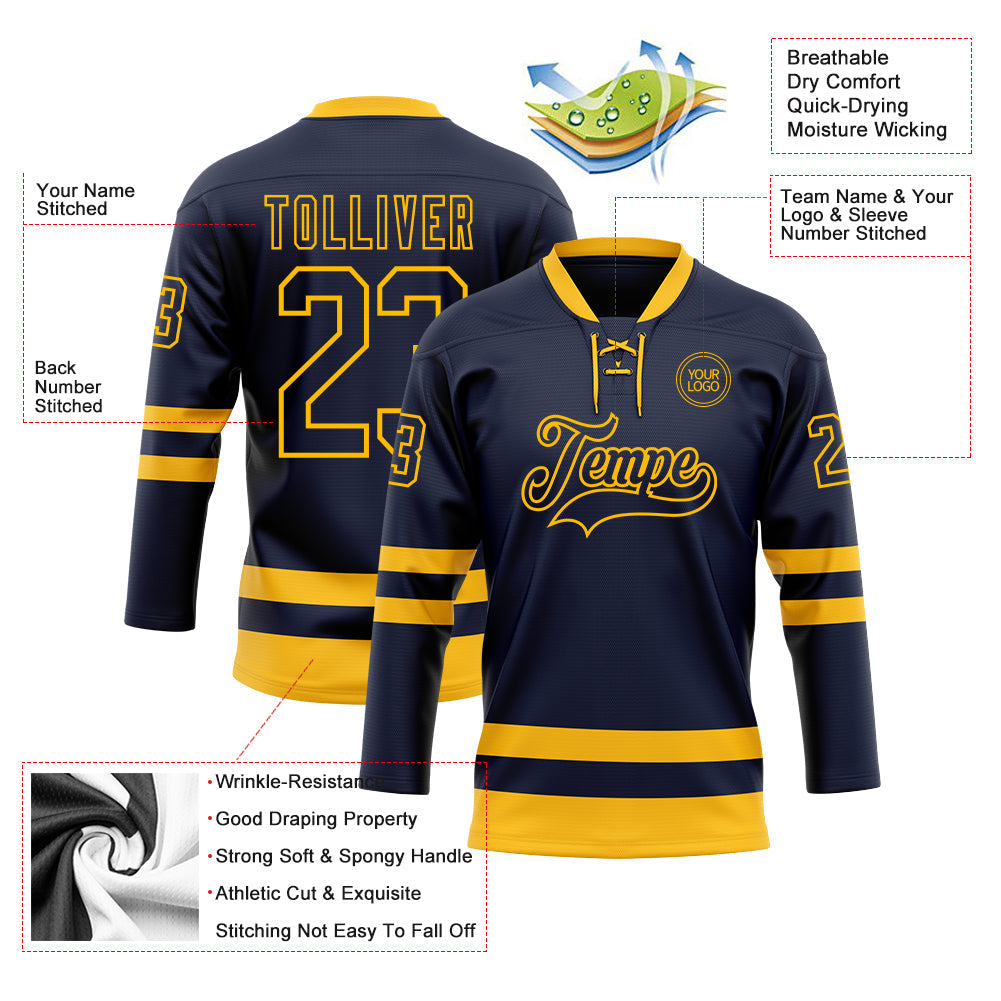 Custom Navy Gold Hockey Lace Neck Jersey - Sky-Custom