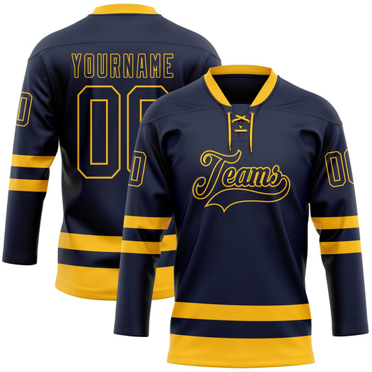 Custom Navy Gold Hockey Lace Neck Jersey - Sky-Custom