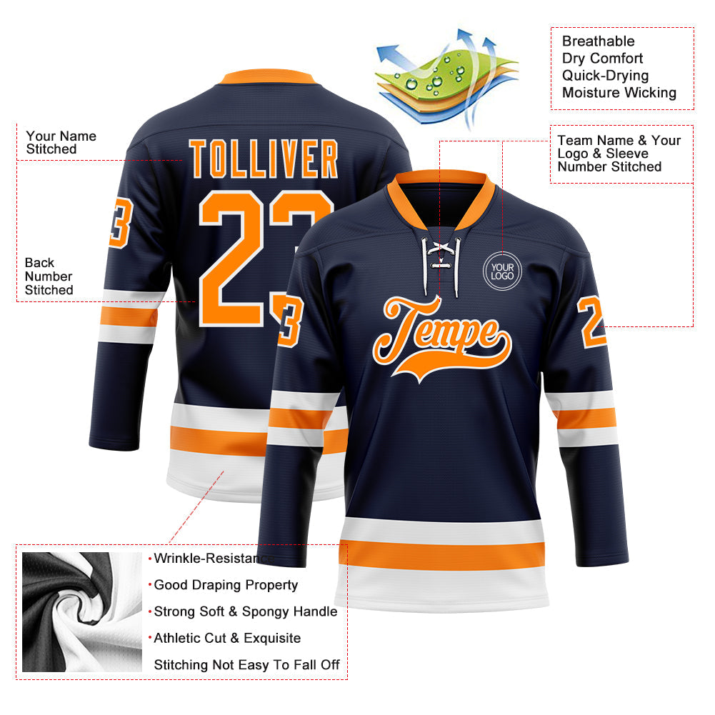 Custom Navy Bay Orange-White Hockey Lace Neck Jersey - Sky-Custom
