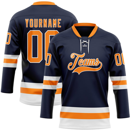 Custom Navy Bay Orange-White Hockey Lace Neck Jersey - Sky-Custom