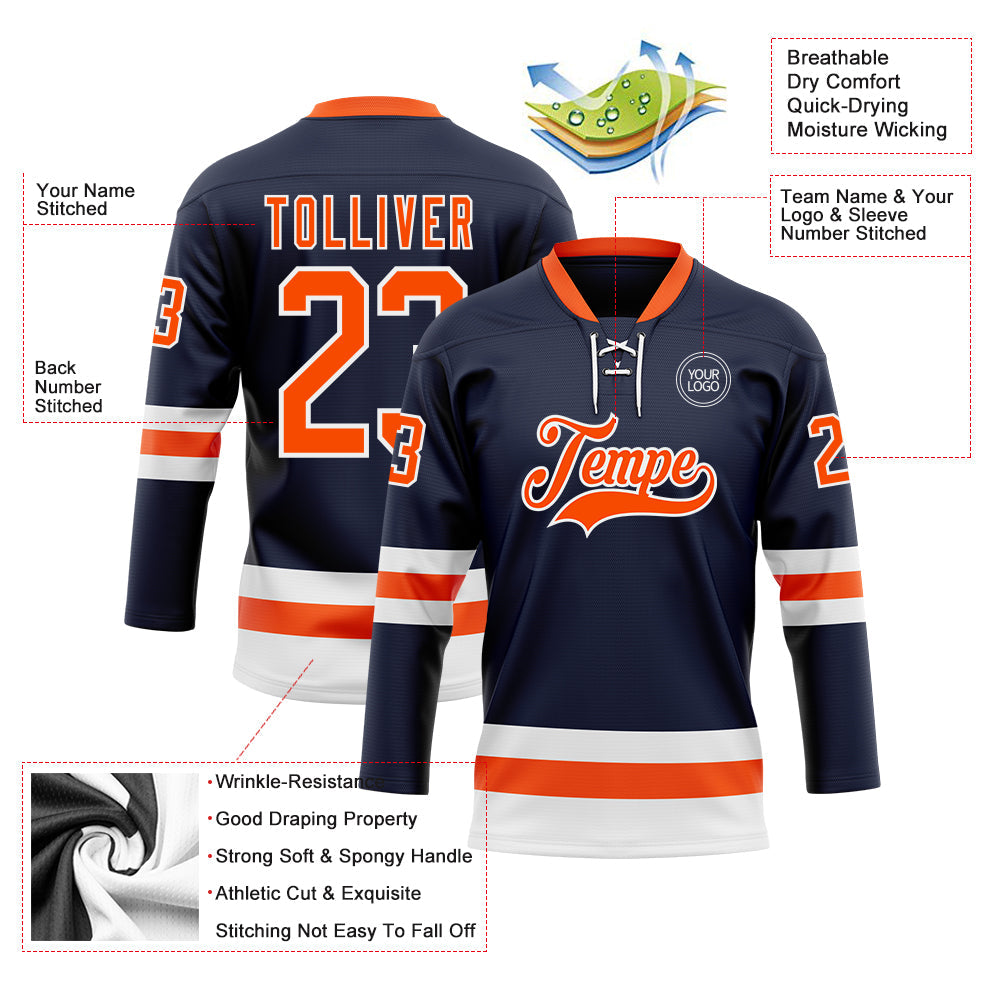 Custom Navy Orange-White Hockey Lace Neck Jersey - Sky-Custom