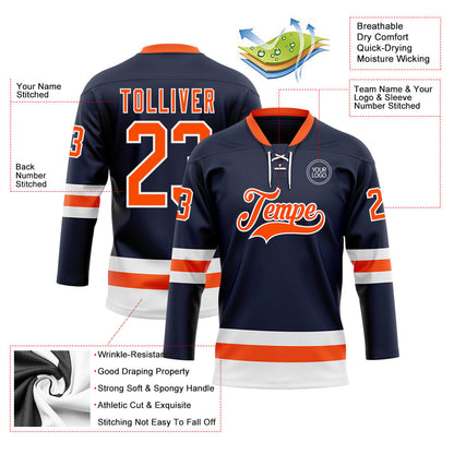 Custom Navy Orange-White Hockey Lace Neck Jersey - Sky-Custom