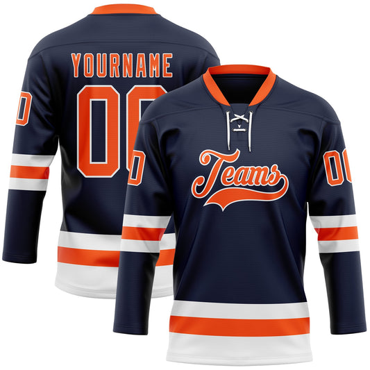 Custom Navy Orange-White Hockey Lace Neck Jersey - Sky-Custom