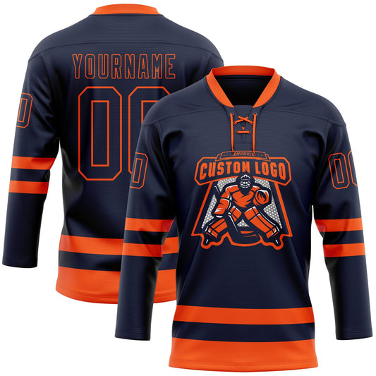 Custom Navy Orange Hockey Lace Neck Jersey - Sky-Custom