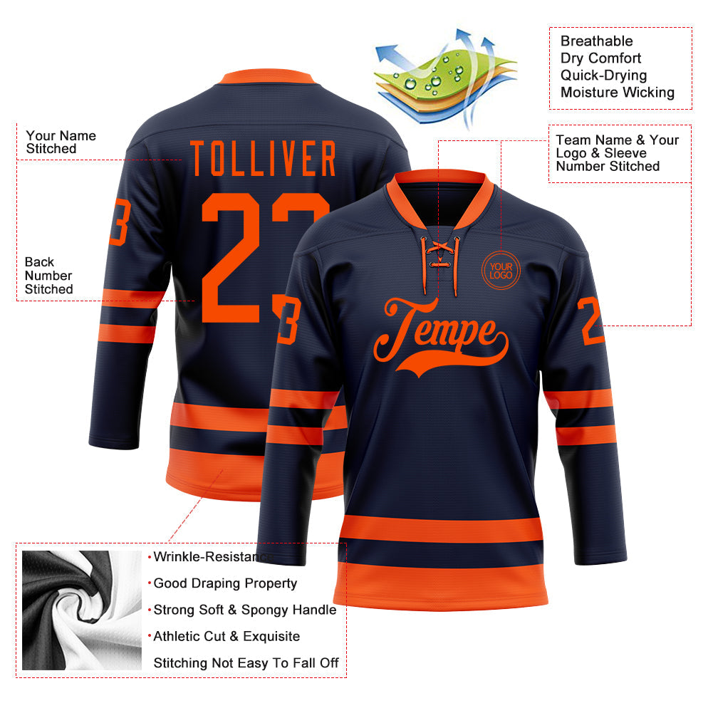 Custom Navy Orange Hockey Lace Neck Jersey - Sky-Custom