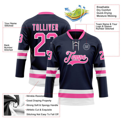 Custom Navy Pink-White Hockey Lace Neck Jersey - Sky-Custom
