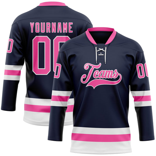 Custom Navy Pink-White Hockey Lace Neck Jersey - Sky-Custom
