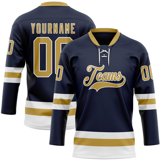 Custom Navy Old Gold-White Hockey Lace Neck Jersey - Sky-Custom