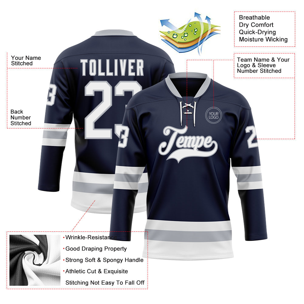 Custom Navy White-Gray Hockey Lace Neck Jersey - Sky-Custom