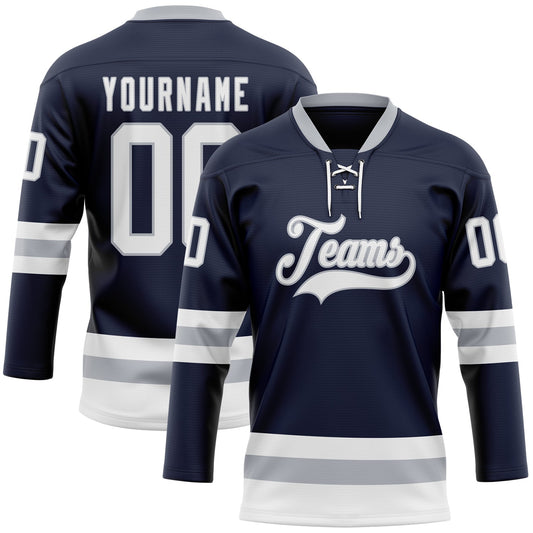 Custom Navy White-Gray Hockey Lace Neck Jersey - Sky-Custom