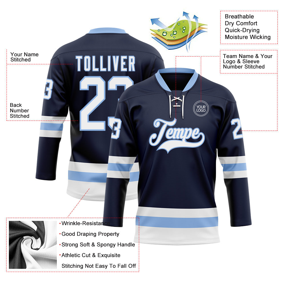 Custom Navy White-Light Blue Hockey Lace Neck Jersey - Sky-Custom
