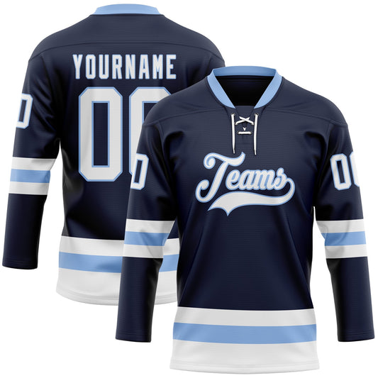 Custom Navy White-Light Blue Hockey Lace Neck Jersey - Sky-Custom