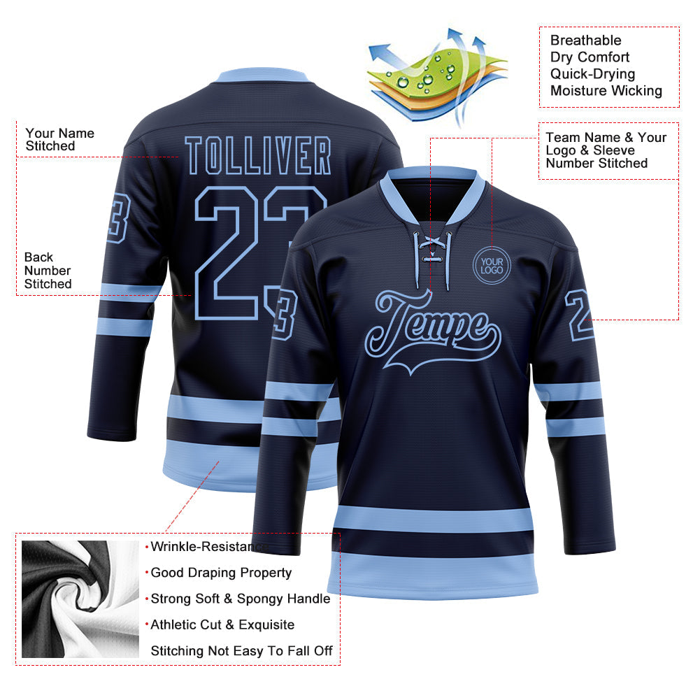 Custom Navy Light Blue Hockey Lace Neck Jersey - Sky-Custom