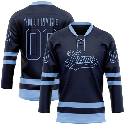 Custom Navy Light Blue Hockey Lace Neck Jersey - Sky-Custom