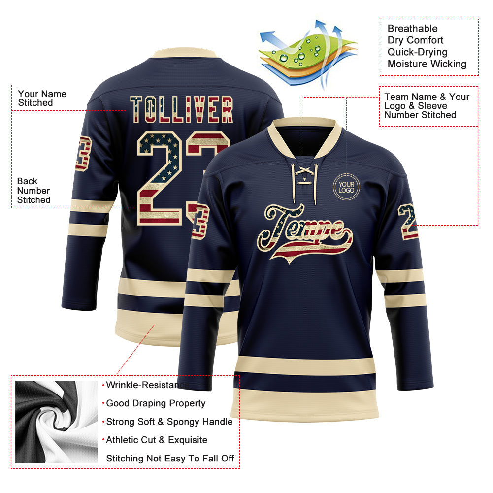 Custom Navy Vintage USA Flag-Cream Hockey Lace Neck Jersey - Sky-Custom