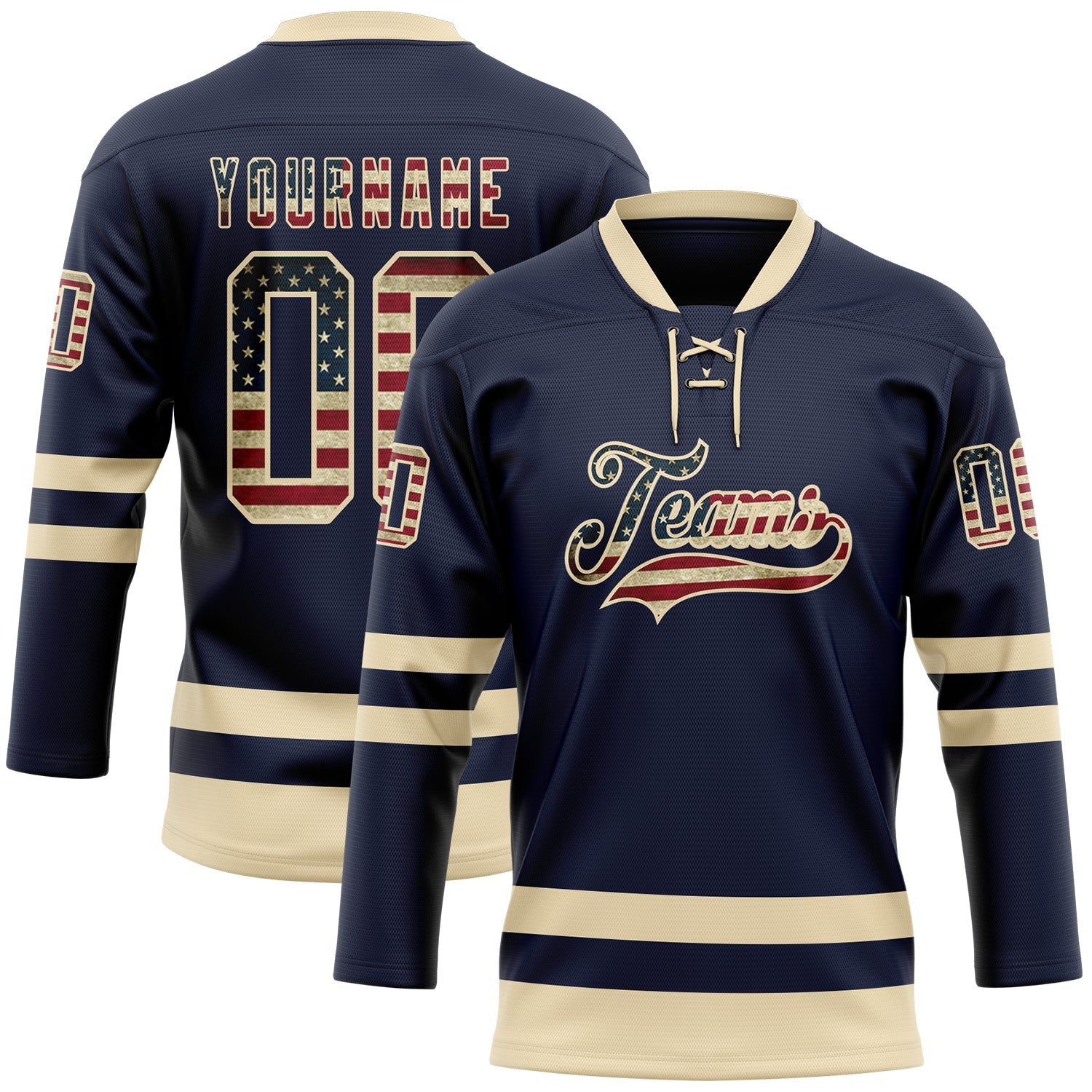 Custom Navy Vintage USA Flag-Cream Hockey Lace Neck Jersey - Sky-Custom