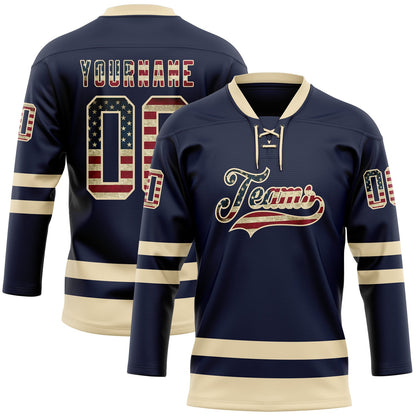 Custom Navy Vintage USA Flag-Cream Hockey Lace Neck Jersey - Sky-Custom