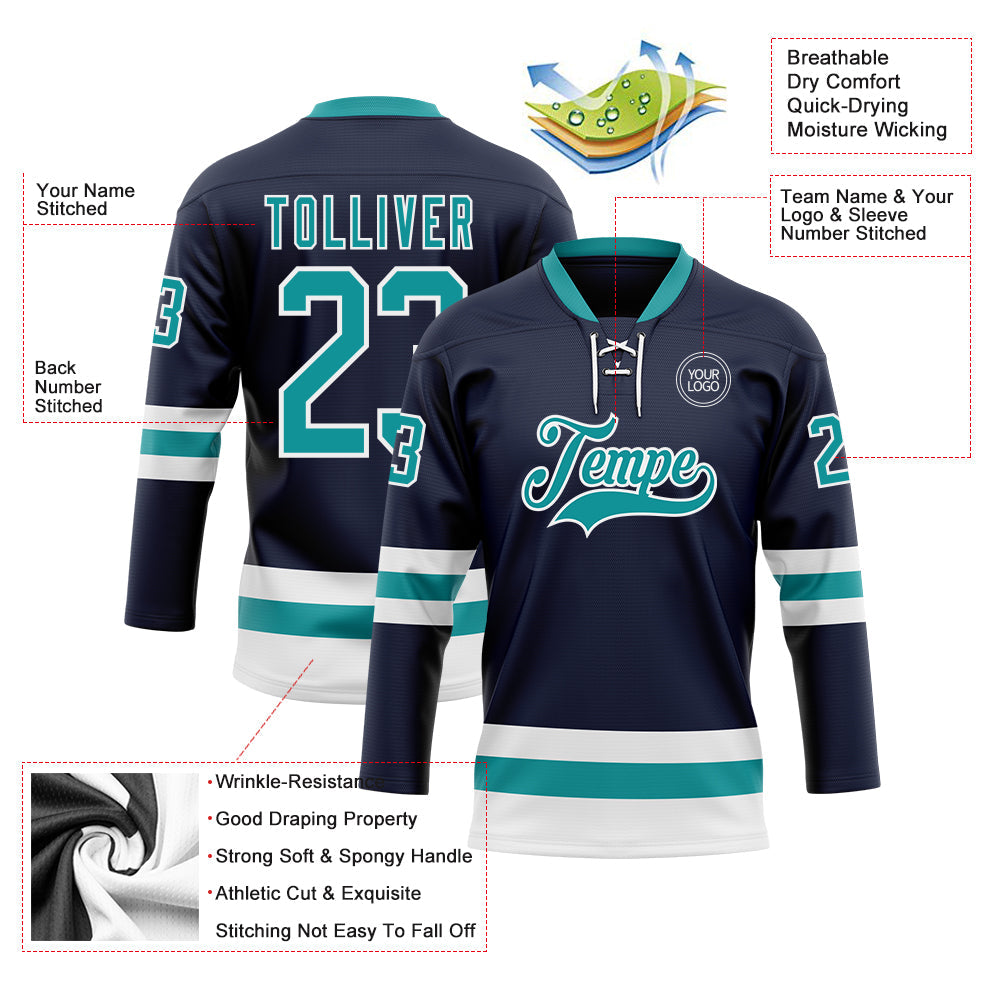 Custom Navy Teal-White Hockey Lace Neck Jersey - Sky-Custom