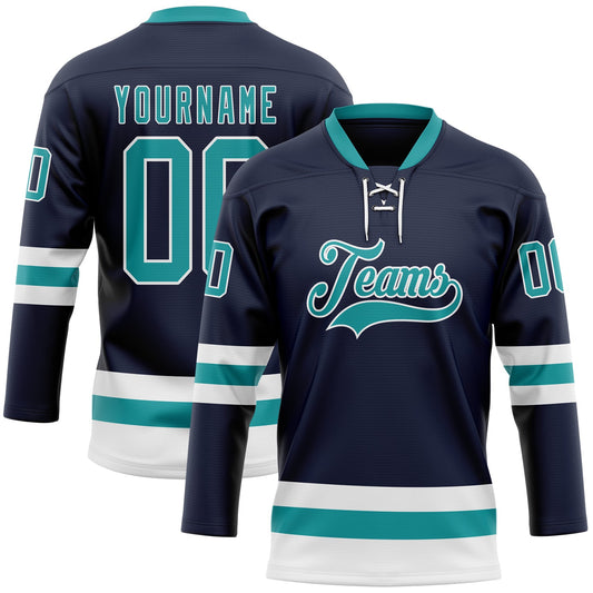 Custom Navy Teal-White Hockey Lace Neck Jersey - Sky-Custom