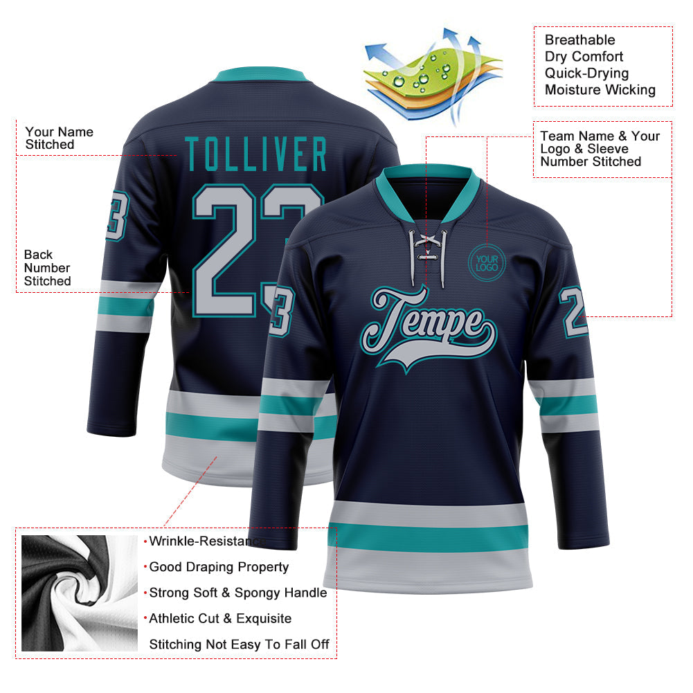 Custom Navy Gray-Teal Hockey Lace Neck Jersey - Sky-Custom