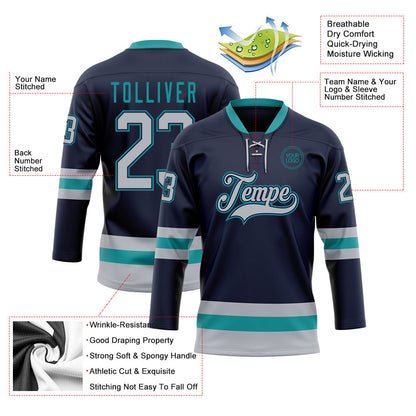 Custom Navy Gray-Teal Hockey Lace Neck Jersey - Sky-Custom