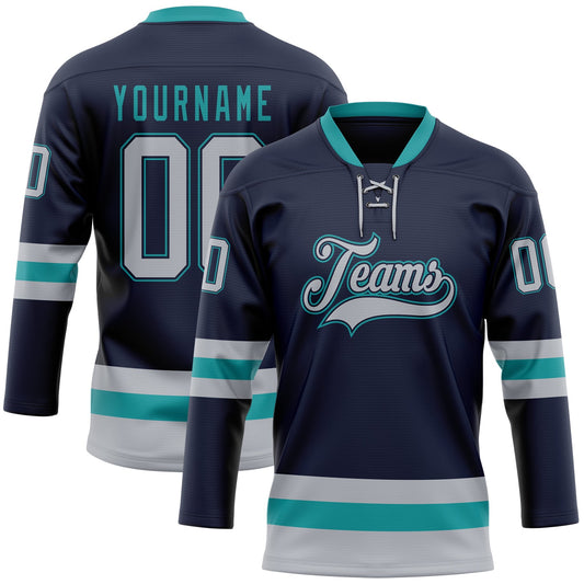 Custom Navy Gray-Teal Hockey Lace Neck Jersey - Sky-Custom