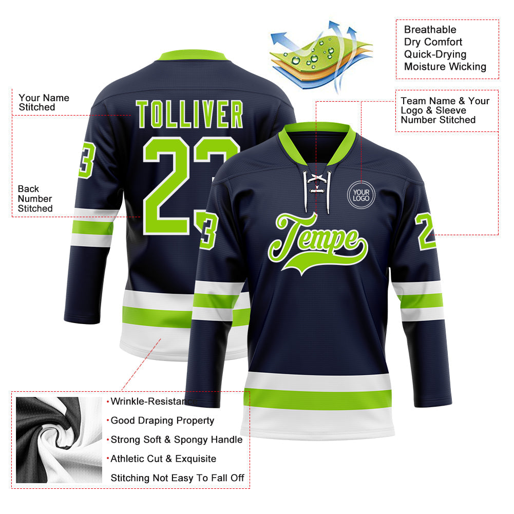 Custom Navy Neon Green-White Hockey Lace Neck Jersey - Sky-Custom