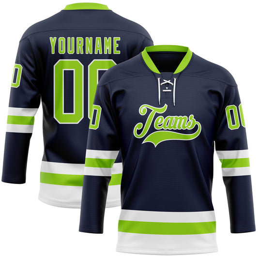 Custom Navy Neon Green-White Hockey Lace Neck Jersey - Sky-Custom