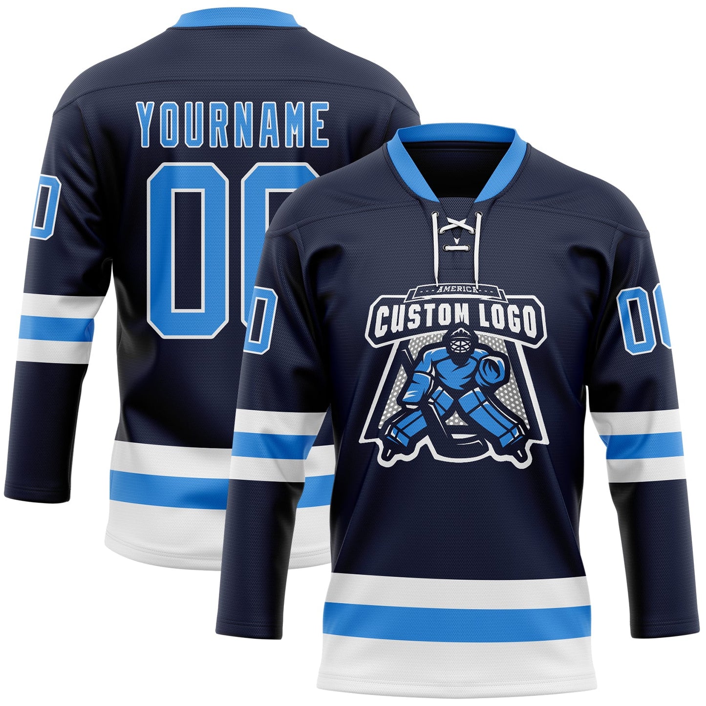 Custom Navy Powder Blue-White Hockey Lace Neck Jersey - Sky-Custom