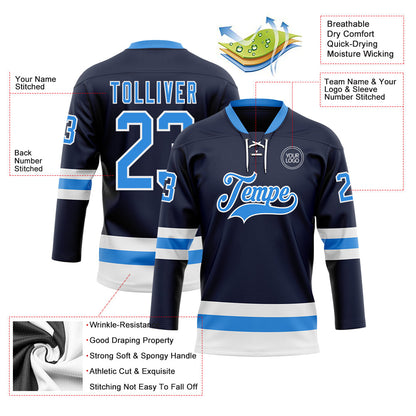 Custom Navy Powder Blue-White Hockey Lace Neck Jersey - Sky-Custom