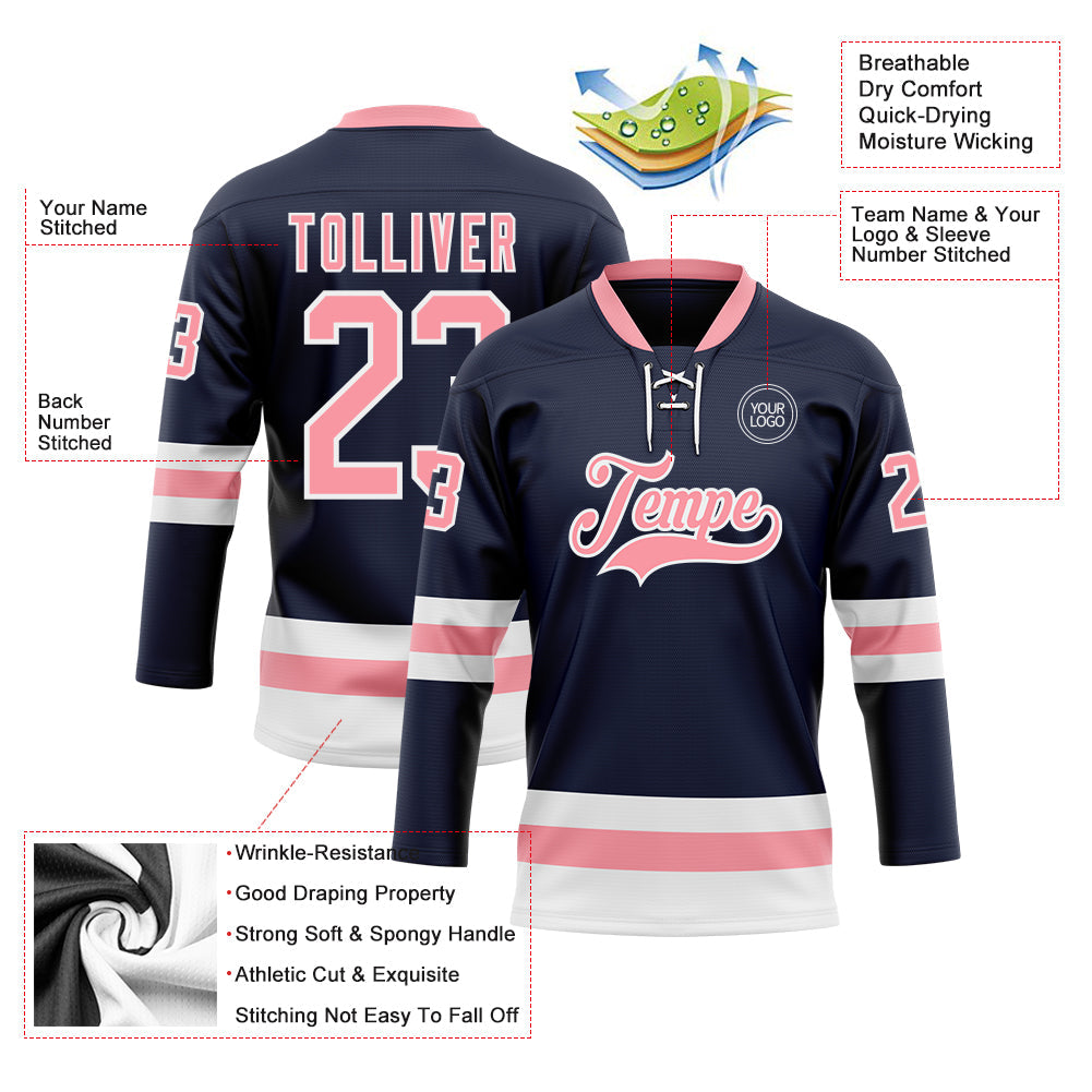 Custom Navy Medium Pink-White Hockey Lace Neck Jersey - Sky-Custom