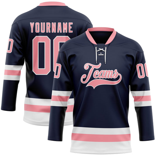 Custom Navy Medium Pink-White Hockey Lace Neck Jersey - Sky-Custom