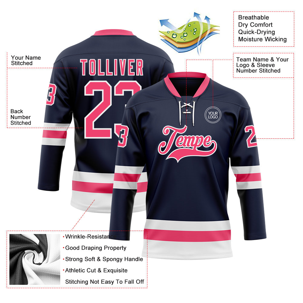 Custom Navy Neon Pink-White Hockey Lace Neck Jersey - Sky-Custom
