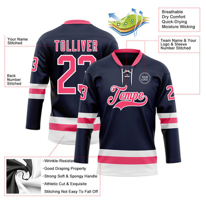 Custom Navy Neon Pink-White Hockey Lace Neck Jersey - Sky-Custom