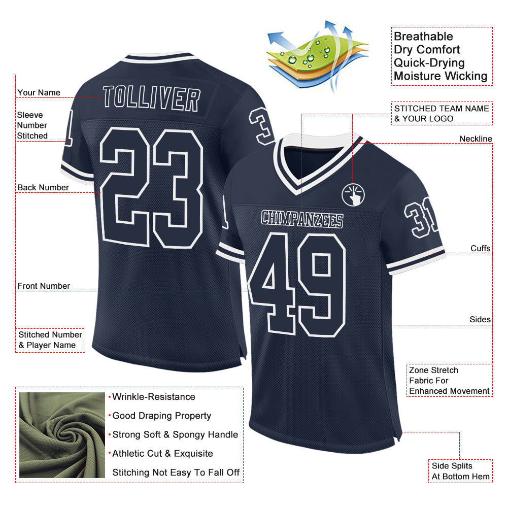 Custom Navy White Mesh Authentic Throwback Football Jersey - Sky-Custom
